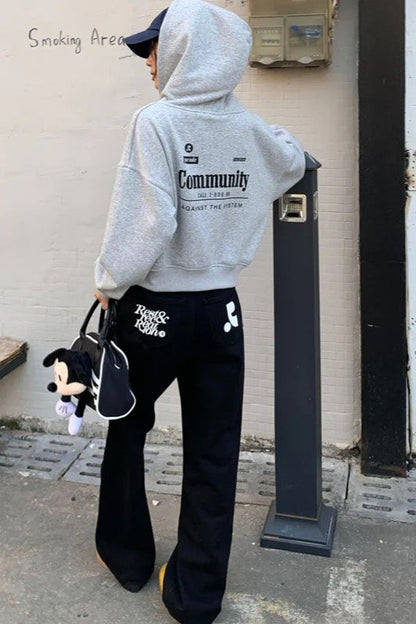 Solid Color Contrast Print Loose Straight Casual Jeans