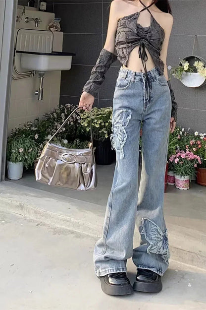 Washed Butterfly Embroidered Flared Jeans