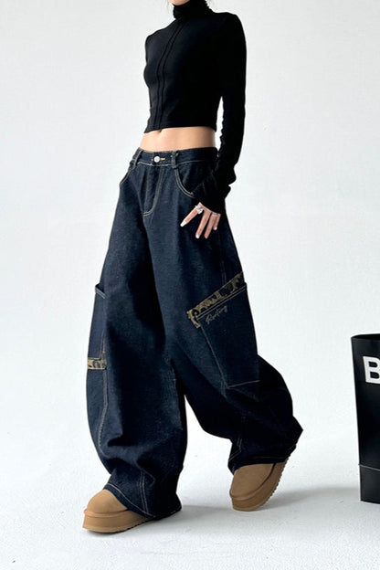 Leopard Spliced Vintage Wide Leg Jeans
