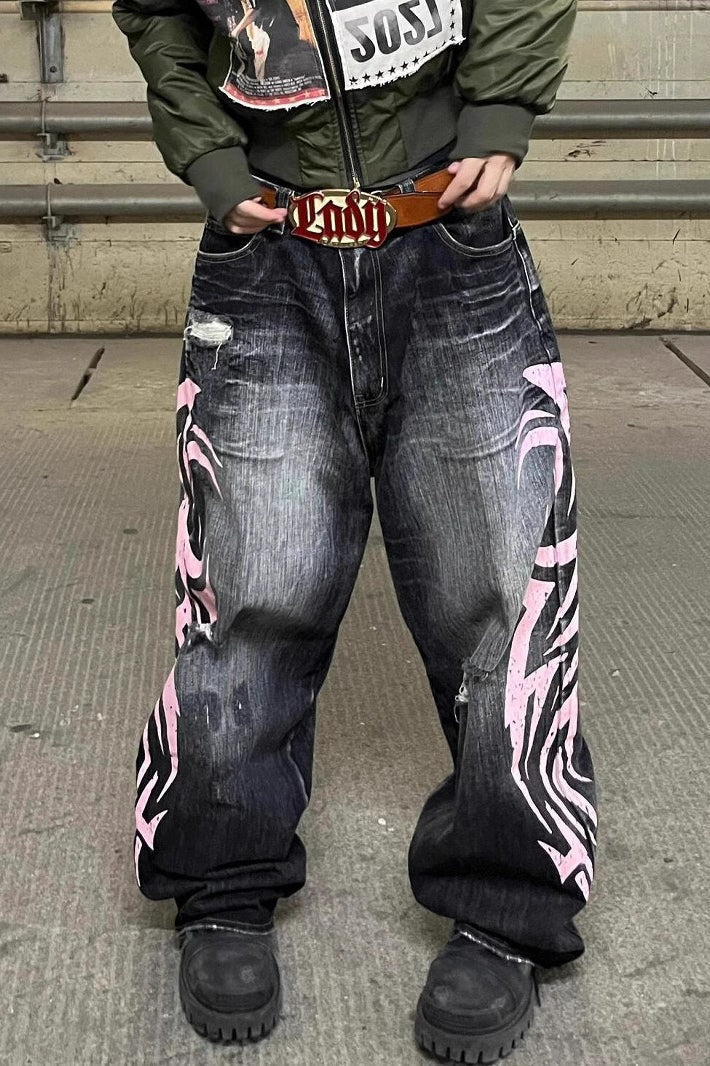 Vintage Printed Washed Distressed Wide Leg Denim Jeans
