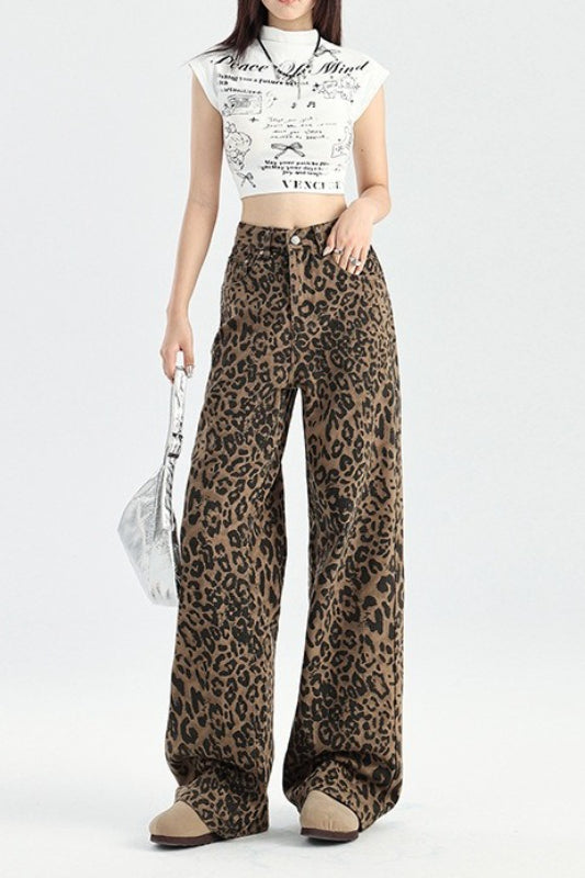 Leopard Print High Waist Fleece Lined Wide Leg Straight Jeans