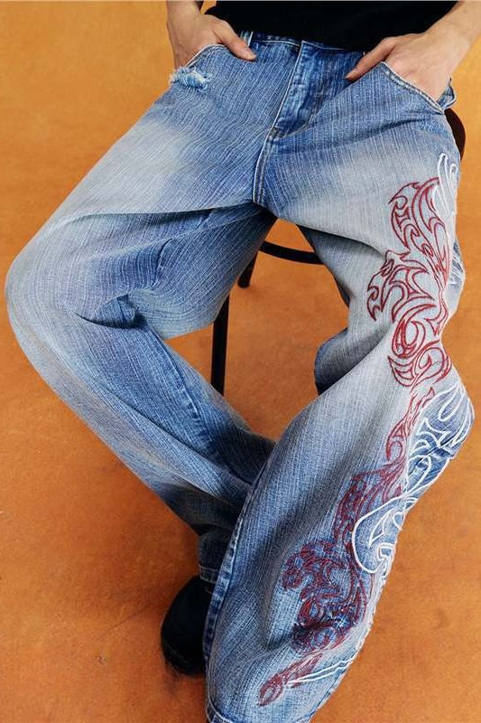 Vintage Embroidered Washed Slouchy Street Casual Jeans