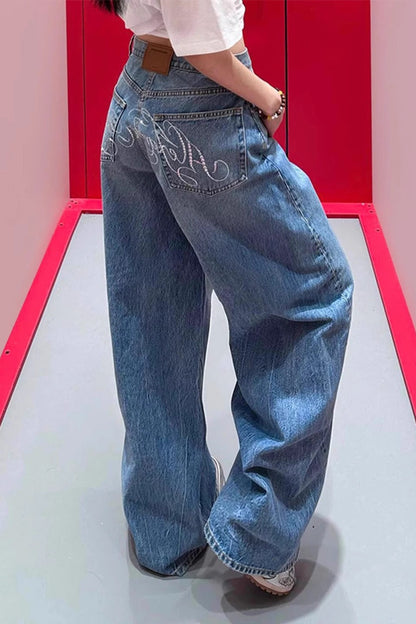 Rhinestone Letter Wide Leg Bootcut Loose Trendy Jeans