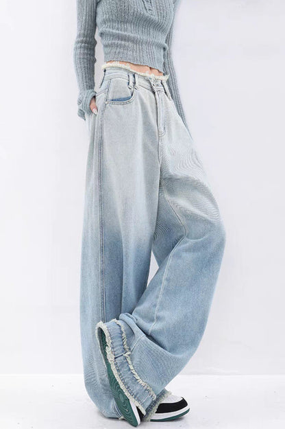 High Waist Draped Gradient Ripped Jeans