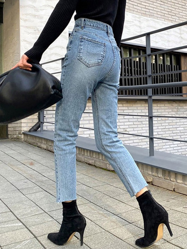 DressBetty - High Waist Ankle Length Straight Pants Slim Fit Washed Female Denim Trousers Boyfriend Girl Jean