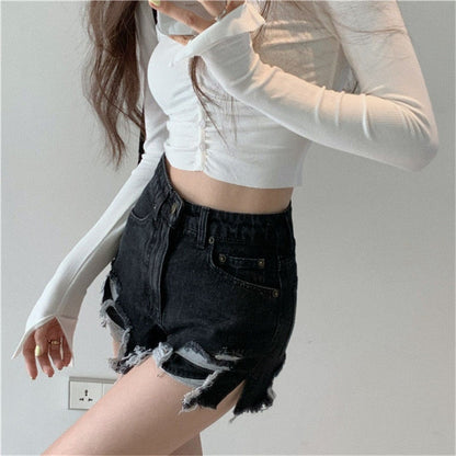 DressBetty - Sexy Denim Shorts with Tassel Pockets Mini Short Jeans