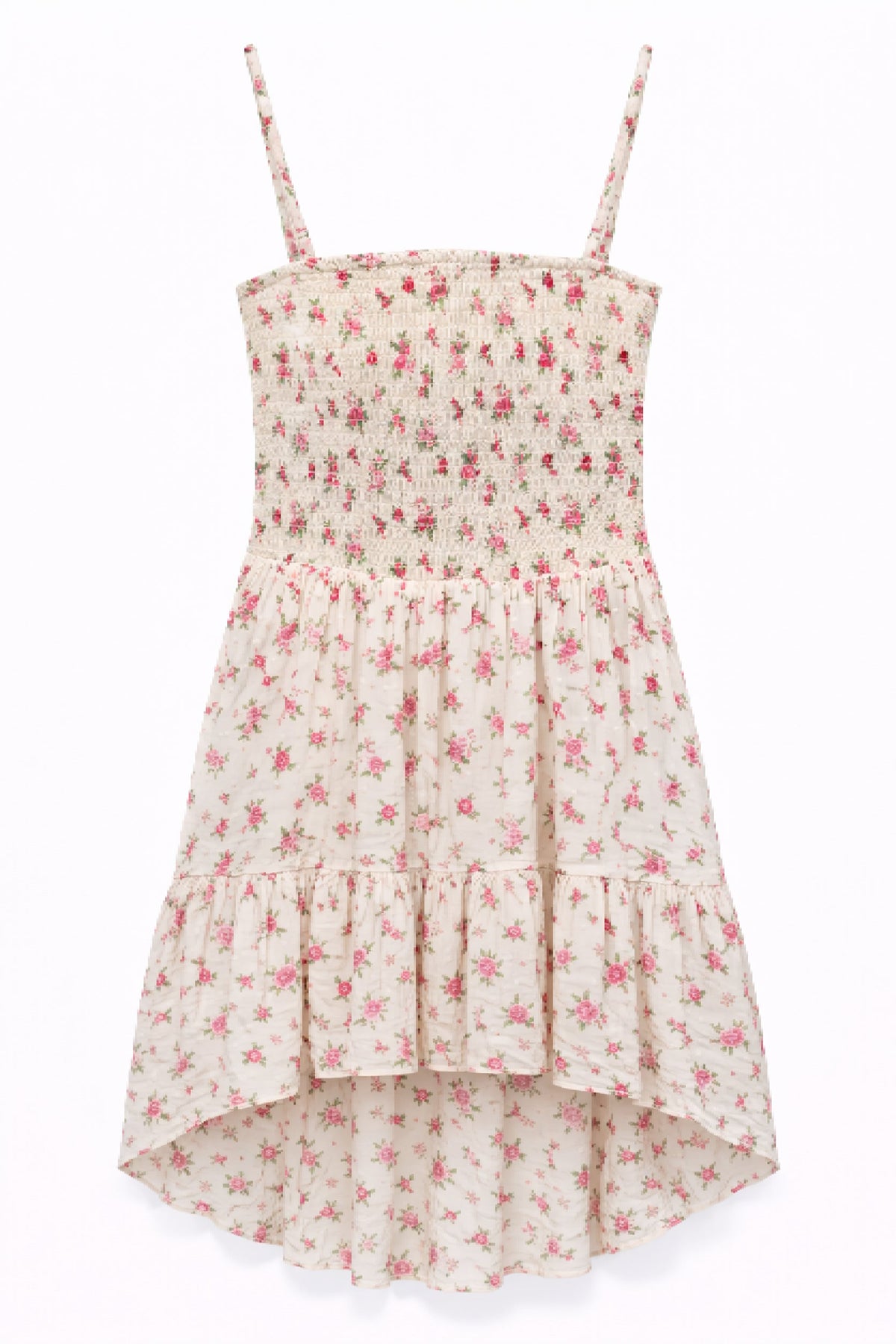 JUNIOR JULIET SMOCKED BODICE HI-LOW DRESS