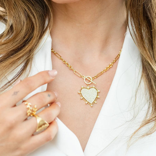 Large Pave Heart Pendant Necklace - Gold