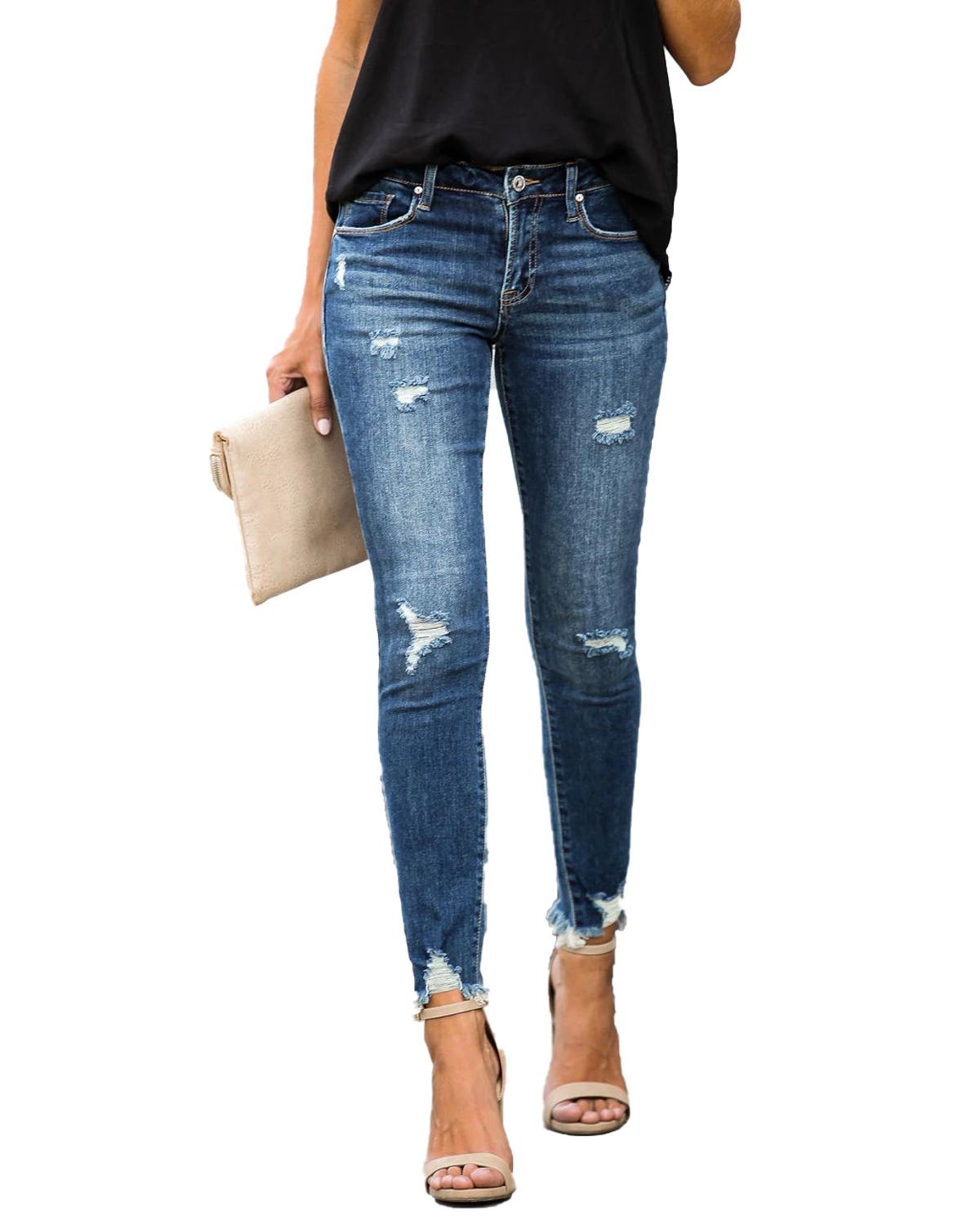 DressBetty - Waist Skinny Jeans Vintage Distressed Denim Holes Destroyed Pencil Pants