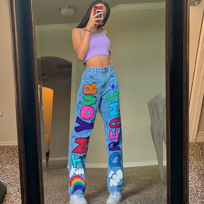 DressBetty - High Waist Print Graffiti Jeans
