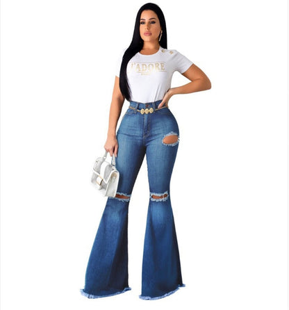 DressBetty - Blue Washed Flare Denim Mom Jeans Skinny Side Stripe High Waisted Sequined Pant