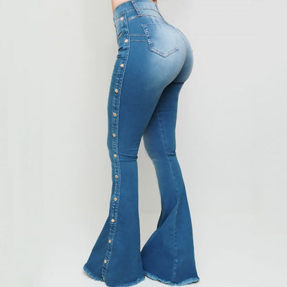 DressBetty - Blue Washed Flare Denim Mom Jeans Skinny Side Stripe High Waisted Sequined Pant