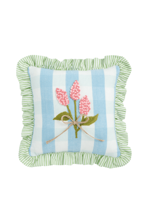 Blue Checkered Ruffle  Floral Embroidered Pillow