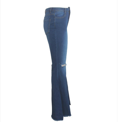 DressBetty - Blue Washed Flare Denim Mom Jeans Skinny Side Stripe High Waisted Sequined Pant