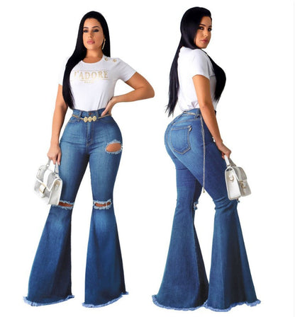 DressBetty - Blue Washed Flare Denim Mom Jeans Skinny Side Stripe High Waisted Sequined Pant