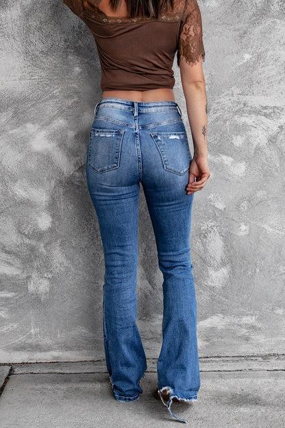 DressBetty - Holes Ripped Tassel Flare Jeans High Waist Denim Ladies Vintage Stretch Slim Jeans