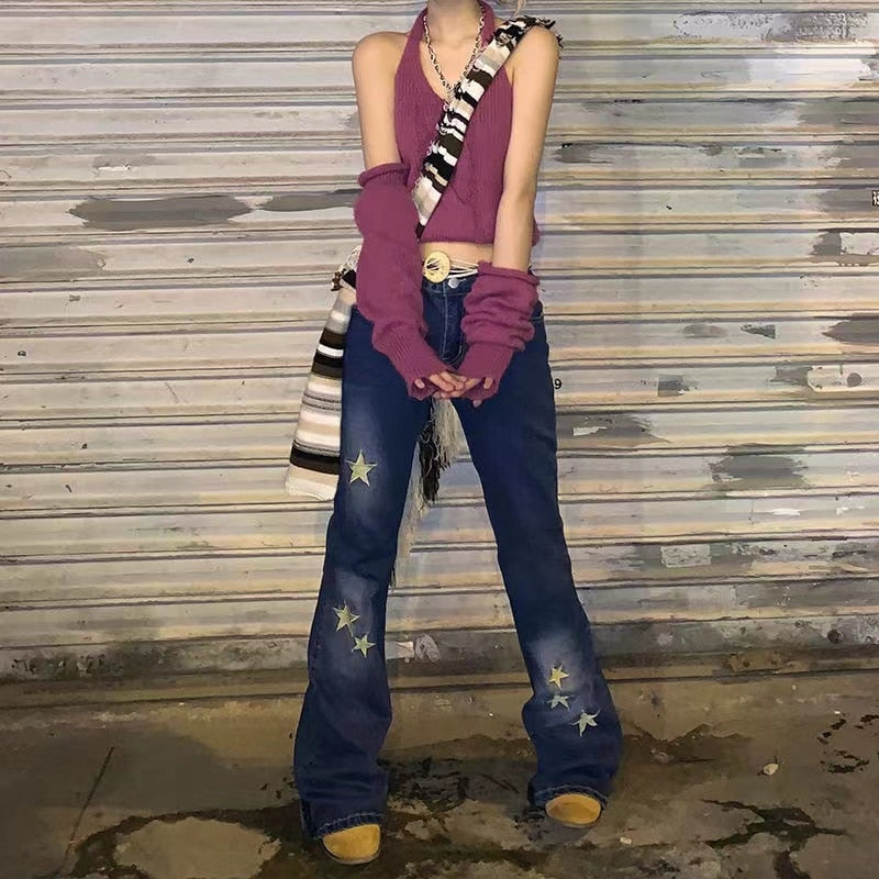 DressBetty - Star Printed Streetwear Vintage Low Waist Pockets Blue Denim Skinny Flare Jeans