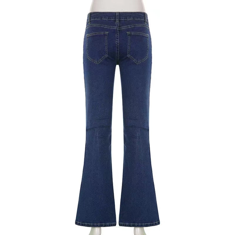 DressBetty - Star Printed Streetwear Vintage Low Waist Pockets Blue Denim Skinny Flare Jeans