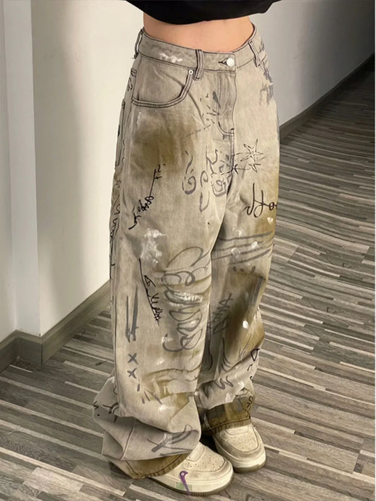 High Waist Vintage Straight Denim Streetwear Hand Drawn Wide Leg Jeans