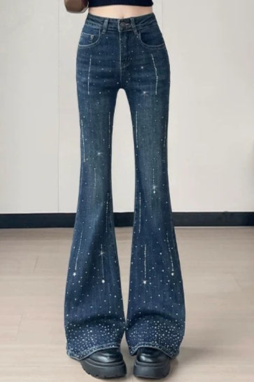 Sparkly Rhinestone High Waist Flare Jeans