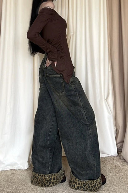 Vintage Leopard Print Cuff Relaxed Jeans