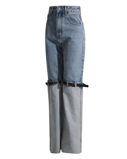High-Rise Contrast Turn-up Straight-Leg Hybrid Jeans