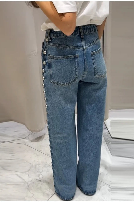Beaded High Waist Straight Leg Jeans