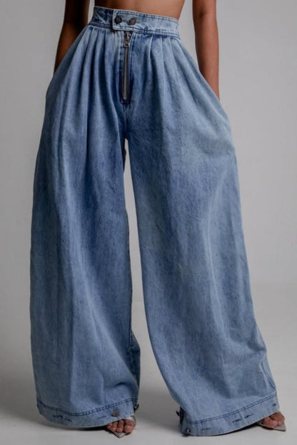 High Waist Zipper Cuff Relaxed Vintage Jeans