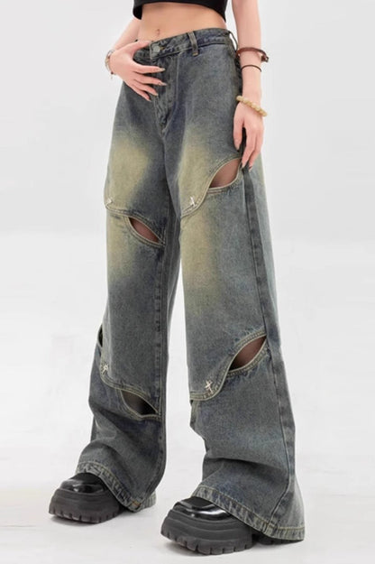 Heavy Cutout Vintage Long Wide Leg Jeans