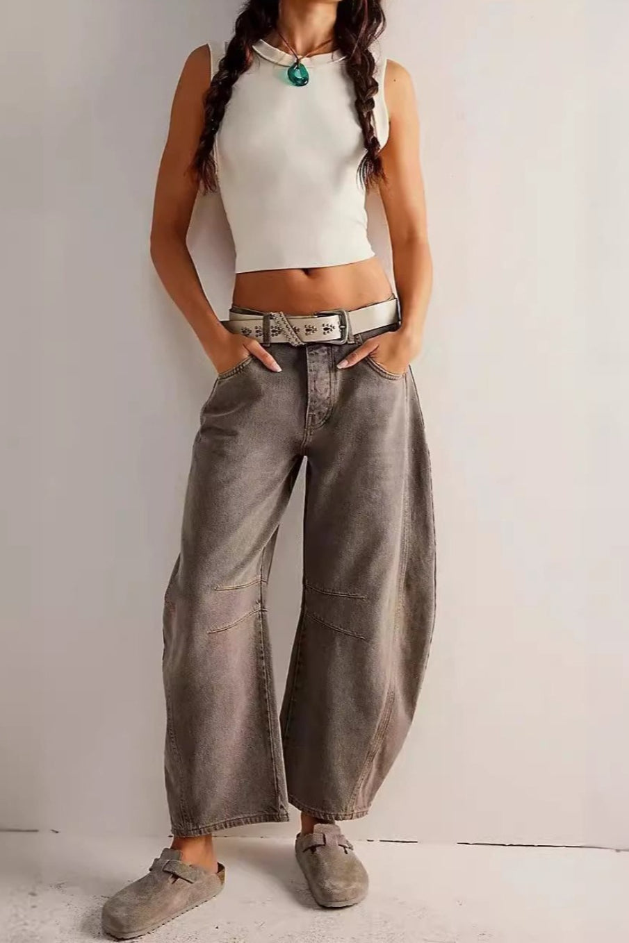Mid Waist Washed Wide Leg Loose Jeans