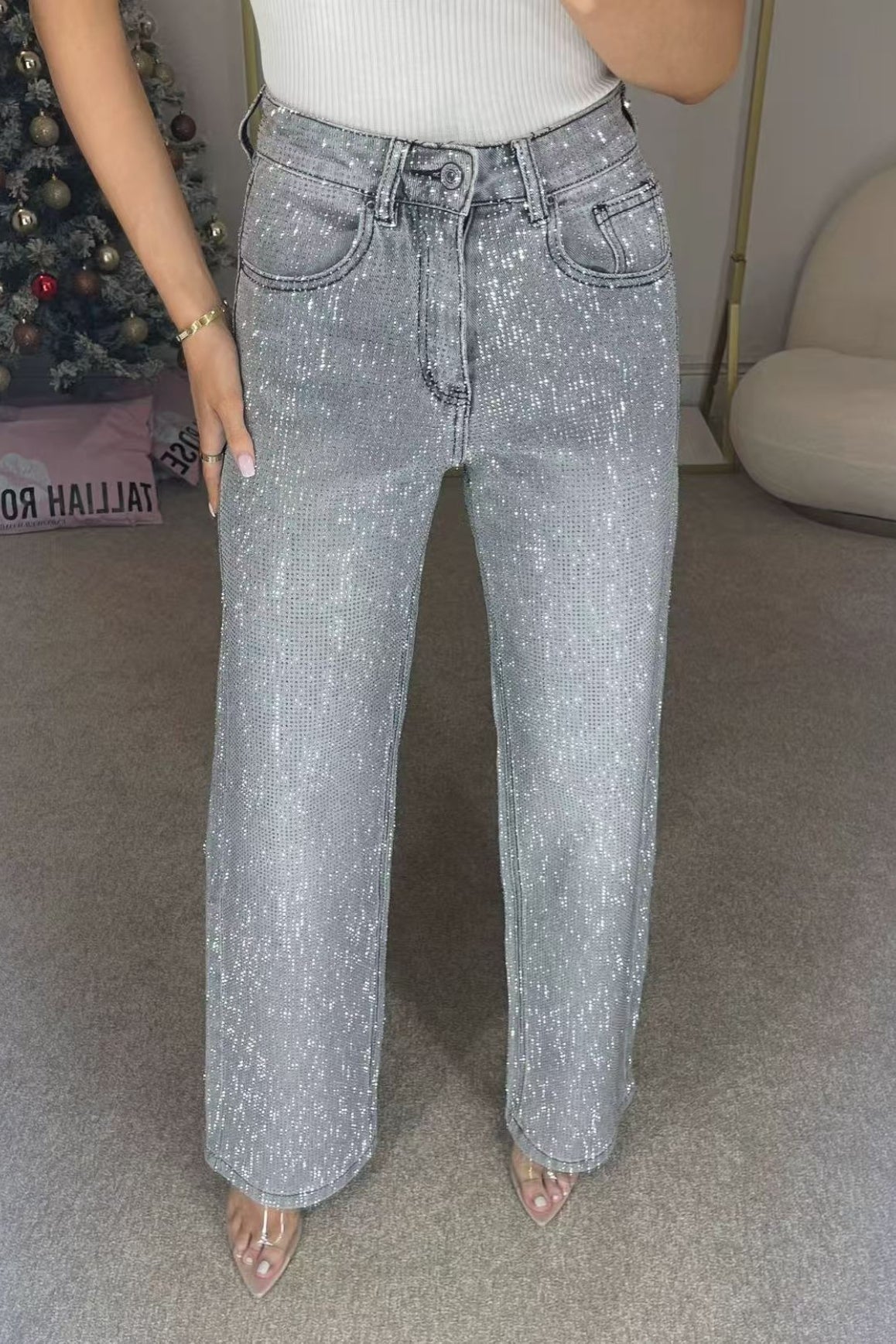 High Waist Crystal Embellished Washed Straight Jeans