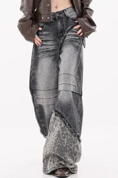 Patchwork Leopard Wide Leg Jeans