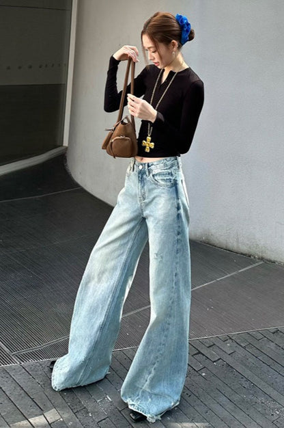 Washed Wide-Leg Distressed Jeans
