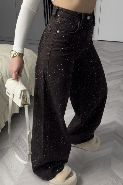 Retro Rhinestone High Waist Wide Leg Jeans