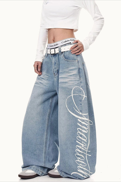 Letter Printed Slouchy Wide Leg Versatile Jeans