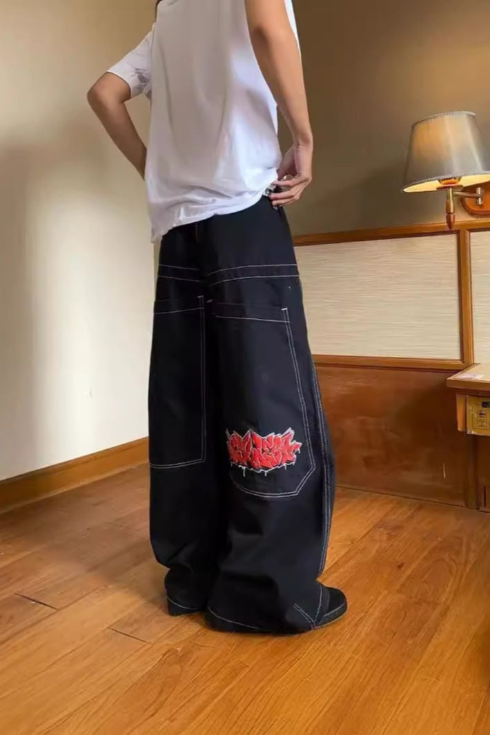 Hip Hop Embroidered Graphic Wide Leg Baggy High Street Jeans