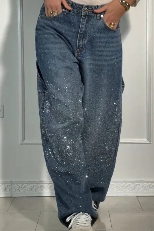 Allover Rhinestone Washed Wide Leg Jeans