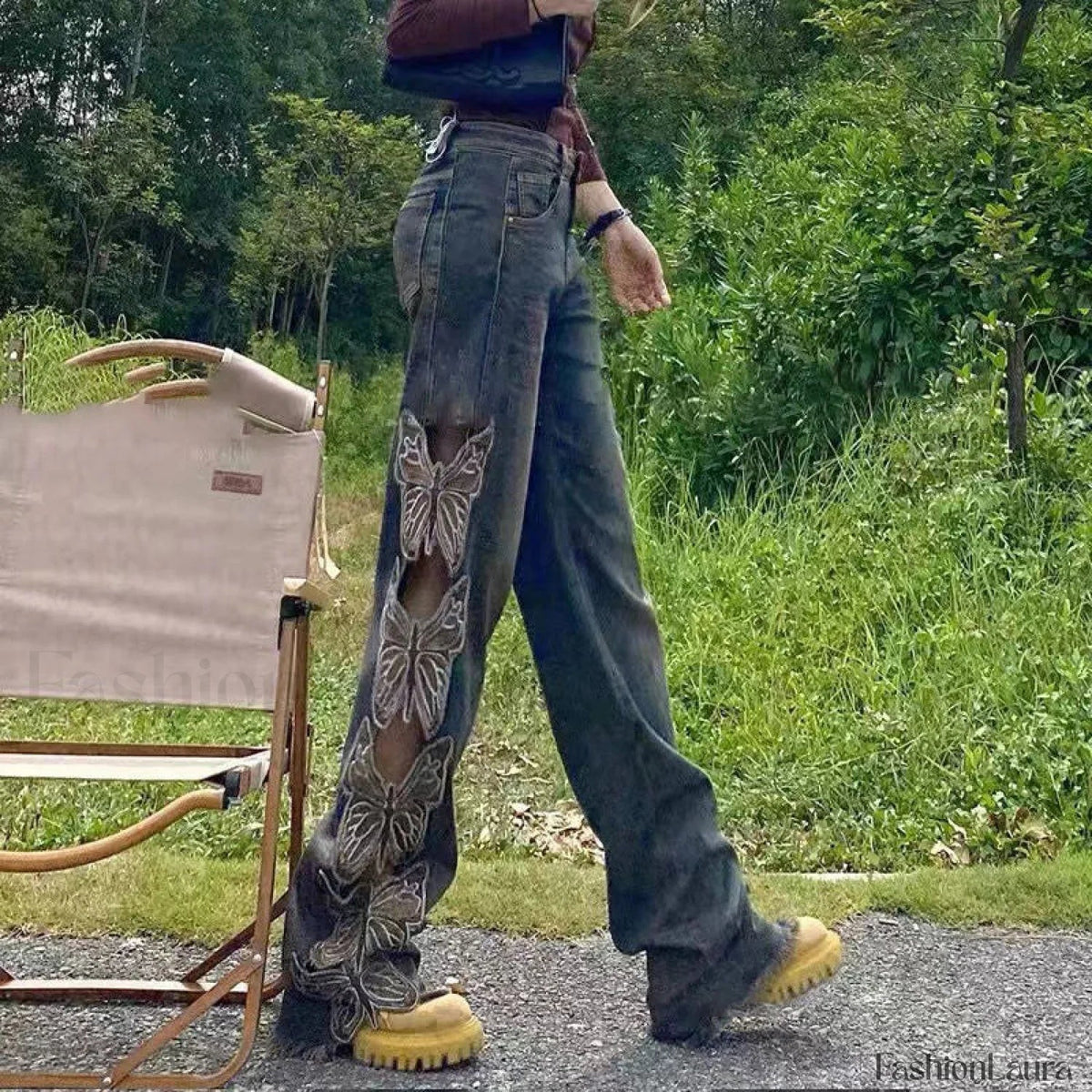 Aesthetic Side Graceful Butterflies Patchwork Jeans
