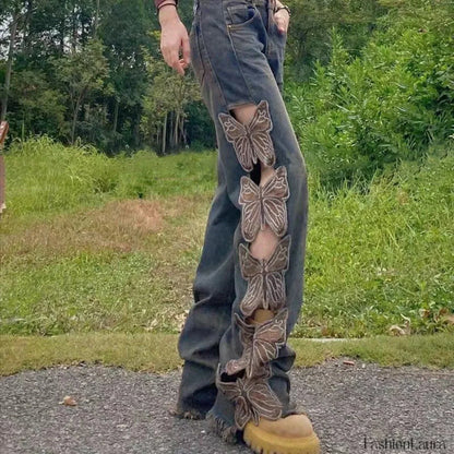 Aesthetic Side Graceful Butterflies Patchwork Jeans