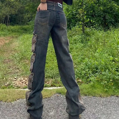 Aesthetic Side Graceful Butterflies Patchwork Jeans