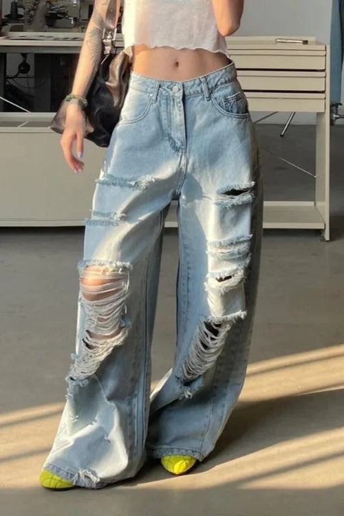 Loose Fit Dragged Hem Jeans