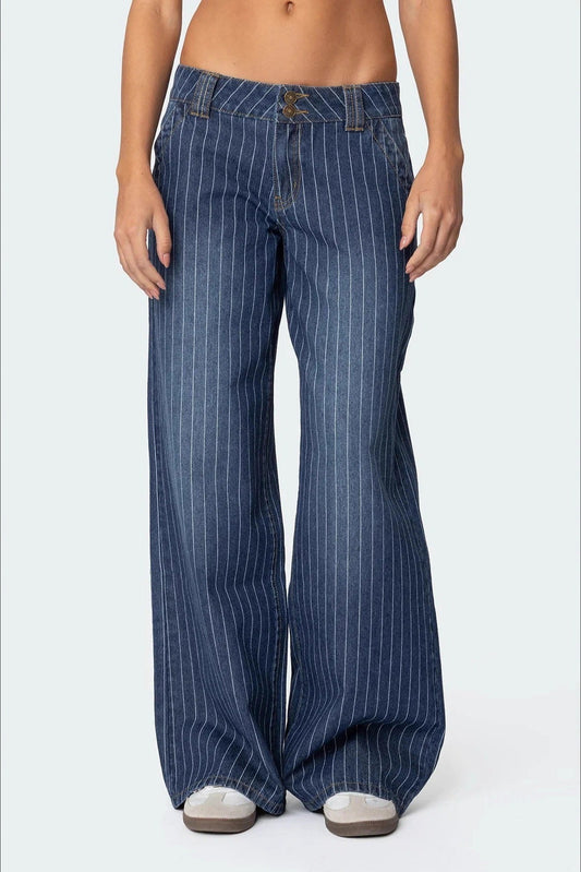 Striped Low Rise Wide Leg Jeans