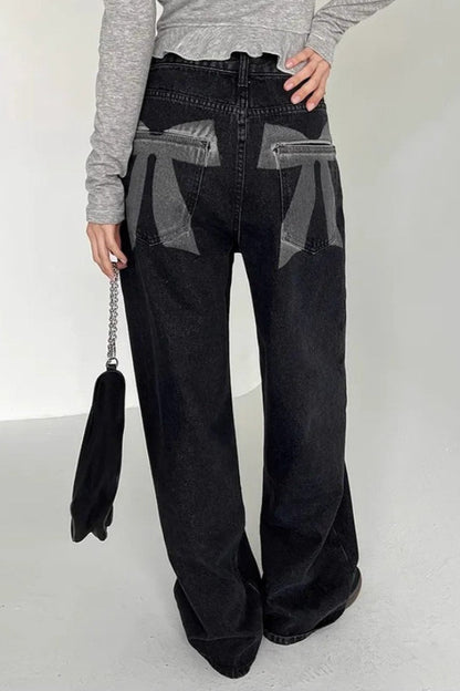Washed Bow Print Pocket Wide Leg Jeans