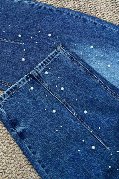 Pearl Embellished High Waisted Wide Leg Jeans