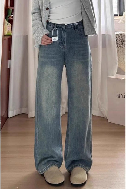 Vintage Blue Fleece Lined High Waist Plus Size Wide Leg Jeans