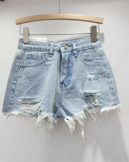High-Waisted Slimming Colored Perm Ripped Denim Shorts