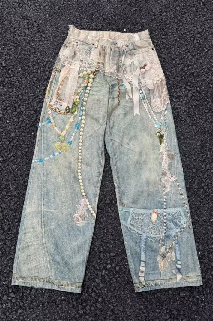 Lace Pearl Chain Printed Vintage Washed Casual Jeans