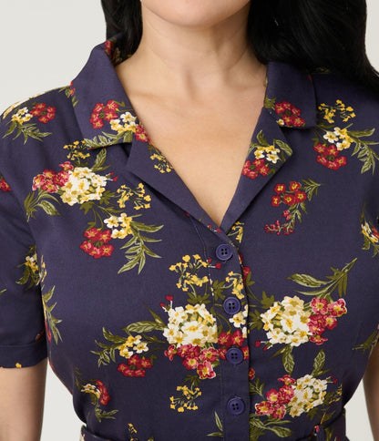 Banned Dark Blue Romantic Floral Midi Dress
