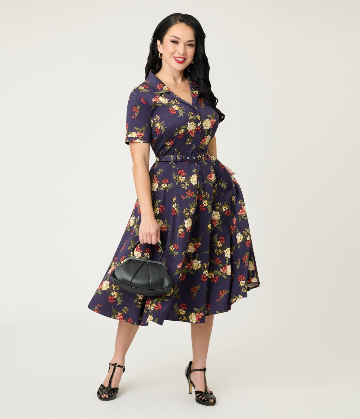 Banned Dark Blue Romantic Floral Midi Dress