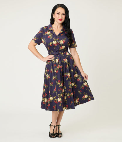 Banned Dark Blue Romantic Floral Midi Dress